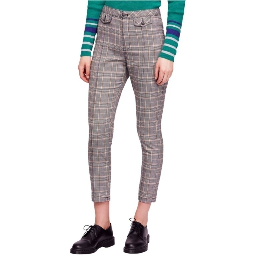 Free People Cropped Plaid Casual Trouser Pants Women's size 4 green black